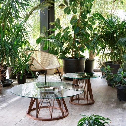 Tavolino Acco con top in vetro e base in legno di Miniforms