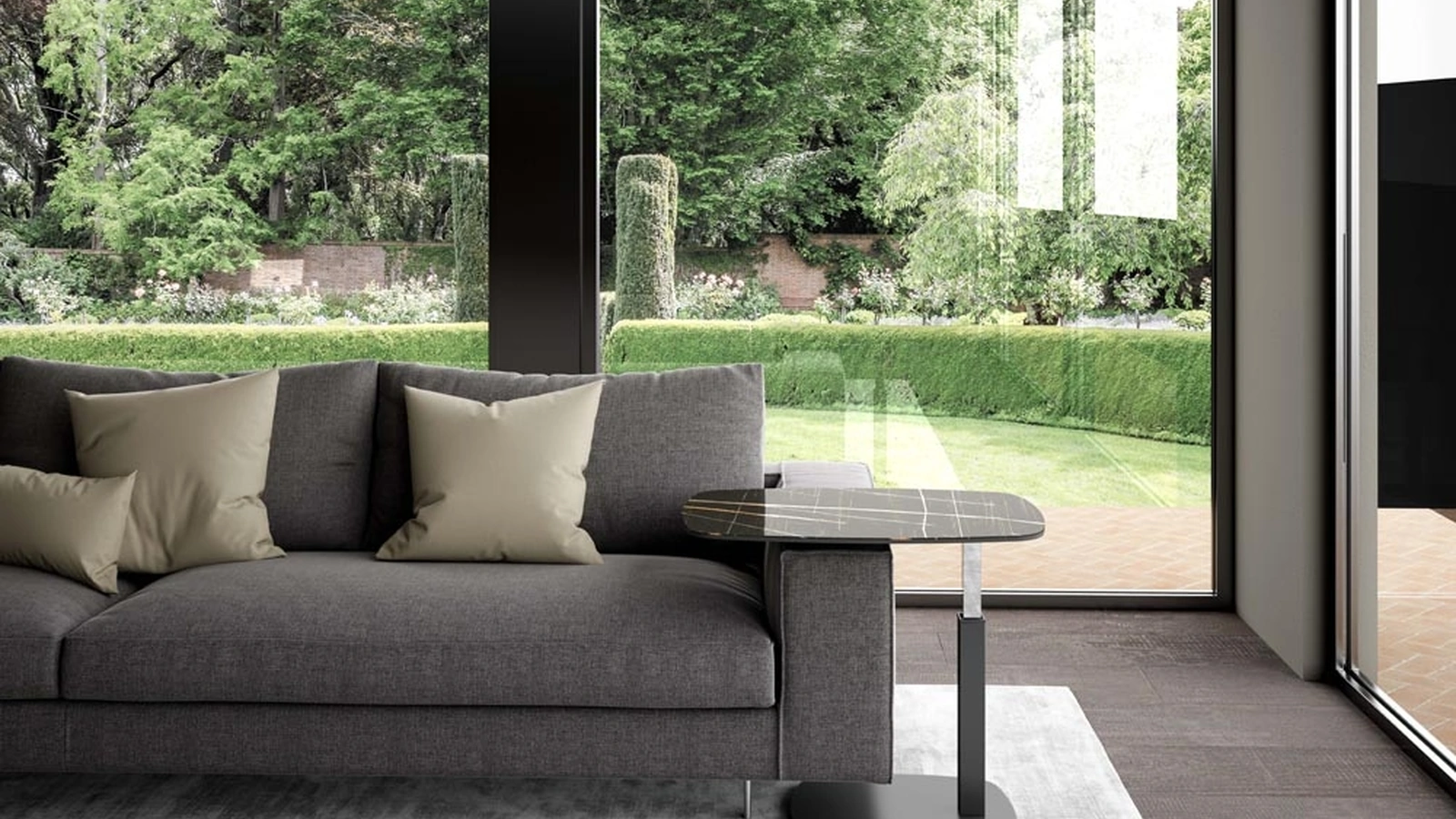 Tavolino regolabile in altezza Servus finitura Marble Glass sagomato con base in metallo di Easyline