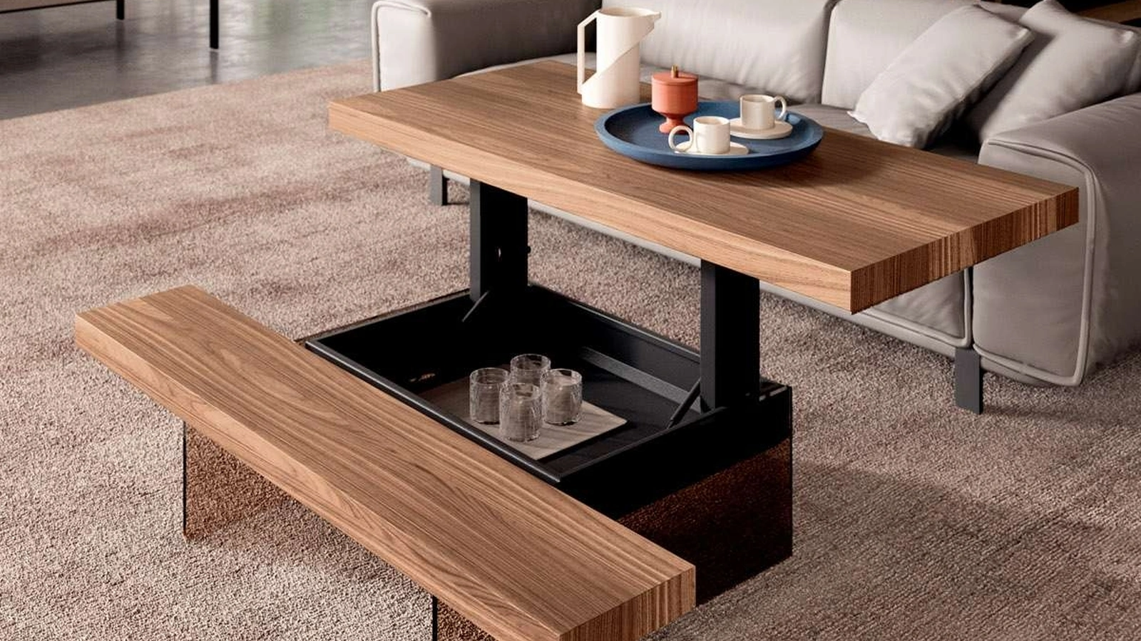 Tavolino multifunzione con top in legno con meccanismo di sollevamento Markus di Ozzio