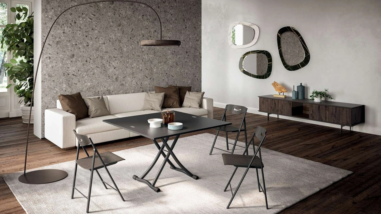 Tavolino Trasformabile strutturato con piano raddoppiabile a libro e basamento in metallo regolabile Sydney di Ozzio