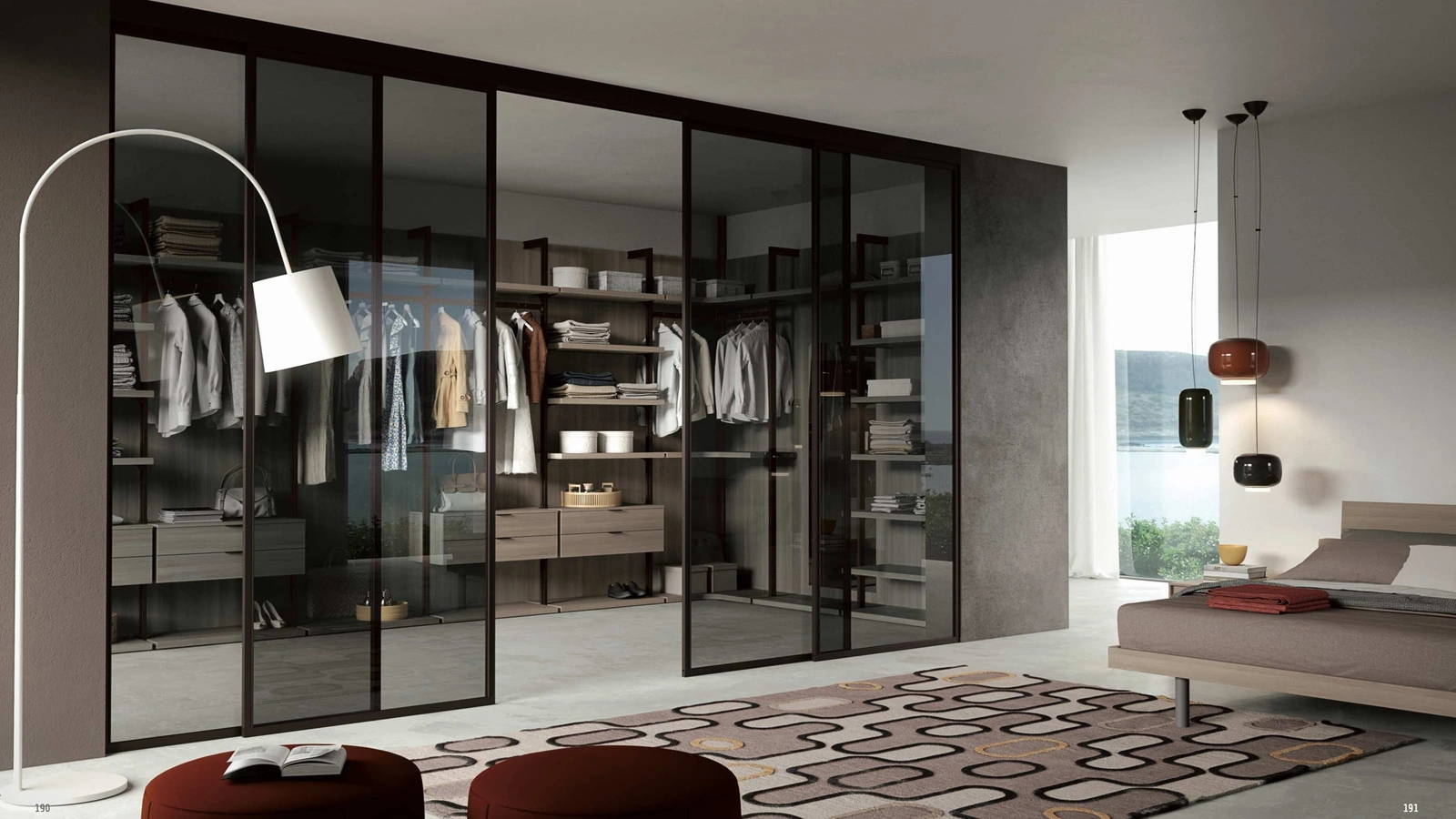 Cabina Armadio con ante scorrevoli in vetro fumé Archimede finitura Olmo Urbano di Spagnol Mobili