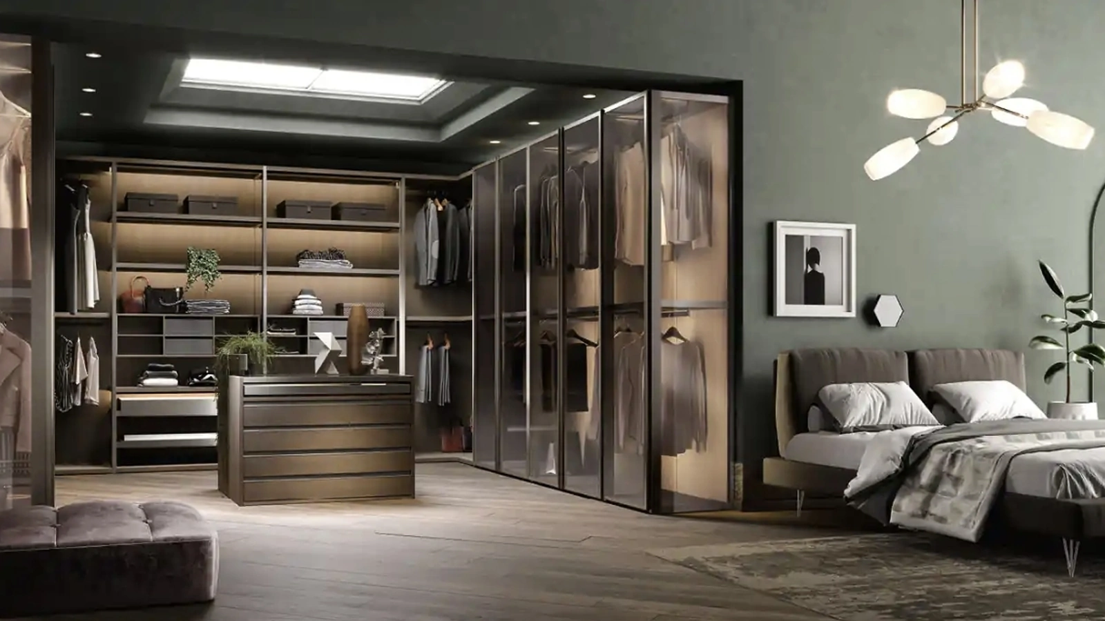 Cabina armadio Antares A122 in nobilitato rovere con ante in vetro di Moretti Compact Giorno Notte