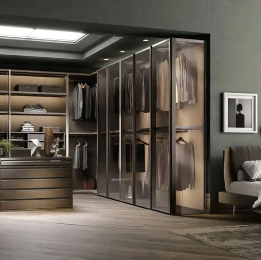 Cabina armadio Antares A122 in nobilitato rovere con ante in vetro di Moretti Compact Giorno Notte