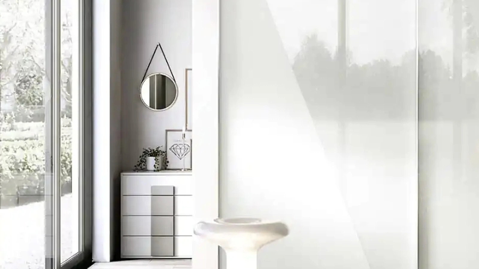 Armadio con ante scorrevoli Garbino S185 in laccato bianco e vetro di Moretti Compact Giorno Notte