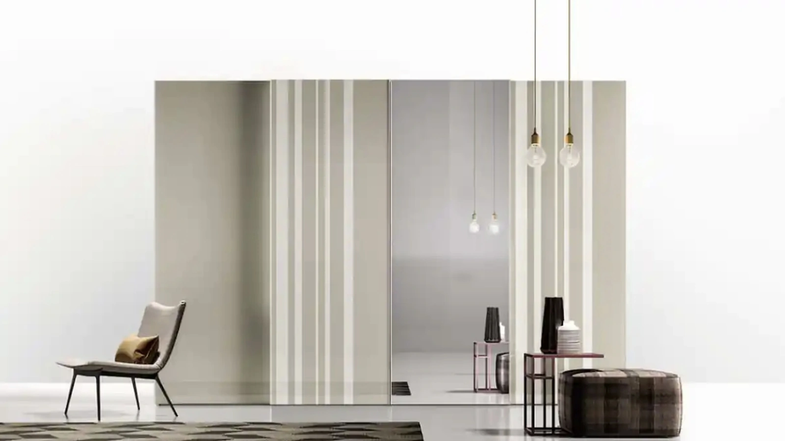 Armadio con ante scorrevoli Levante e Levante Strip S189 in vetro laccato e specchio di Moretti Compact Giorno Notte