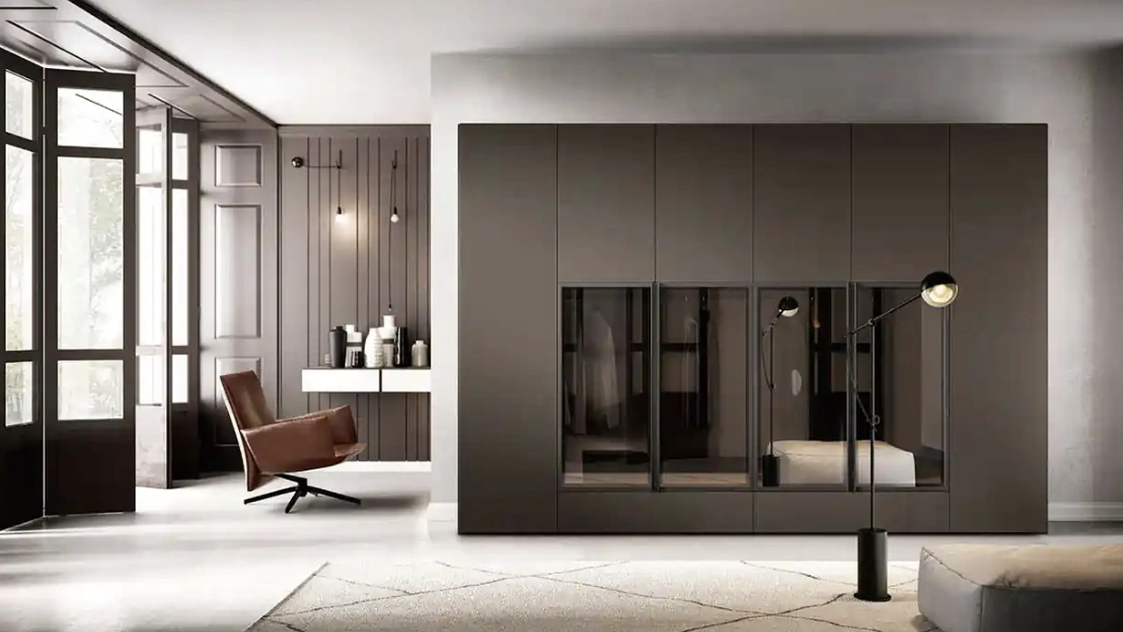 Armadio con ante battenti Libeccio e Fohen B372 in laccato e vetro di Moretti Compact Giorno Notte