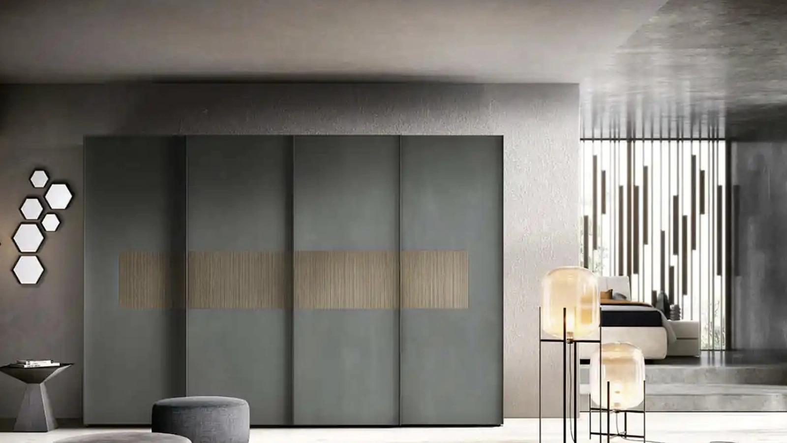 Armadio con ante scorrevoli Scirocco S172 laccato resina ardesia con inserto in nobilitato di Moretti Compact Giorno Notte