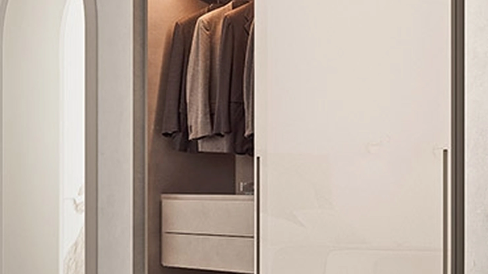 Armadio con ante scorrevoli in laccato lucido Seta con maniglia scavata in senso verticale Tratto di Pianca