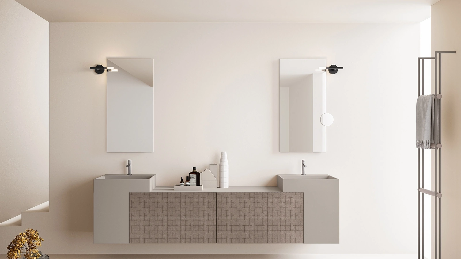 Mobile da Bagno con doppio lavabo Vintage 03 Elegant Sand in melaminico Malta Visone con serigrafia e laccato Lino opaco di Ardeco