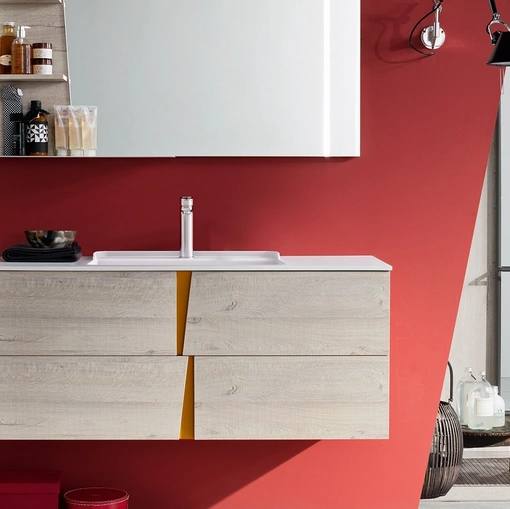 Mobile da Bagno sospeso Wector 02 in melaminico Nodato Bianco con maniglie in laccato Zucca opaco di Ardeco