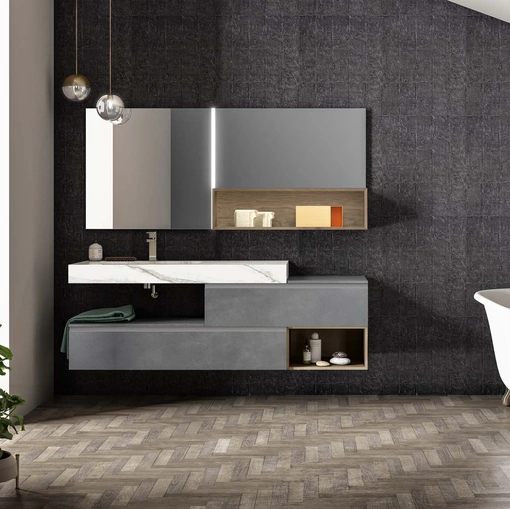 Mobile da Bagno sospeso in laccato metallico piombo Lapis 05 di Birex