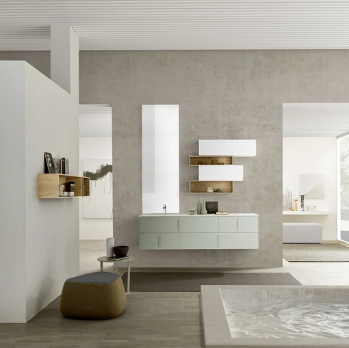 Mobile da bagno sospeso M System C014 in laccato opaco Verde Polvere di Baxar