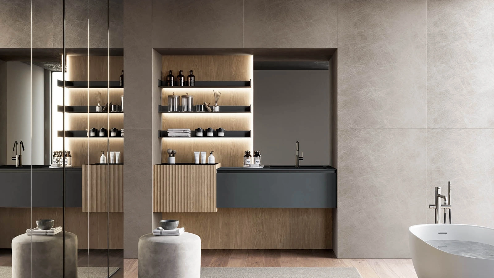 Mobile da Bagno sospeso in fenix grigio bromo e canneté rovere visone Facto 01 di Birex