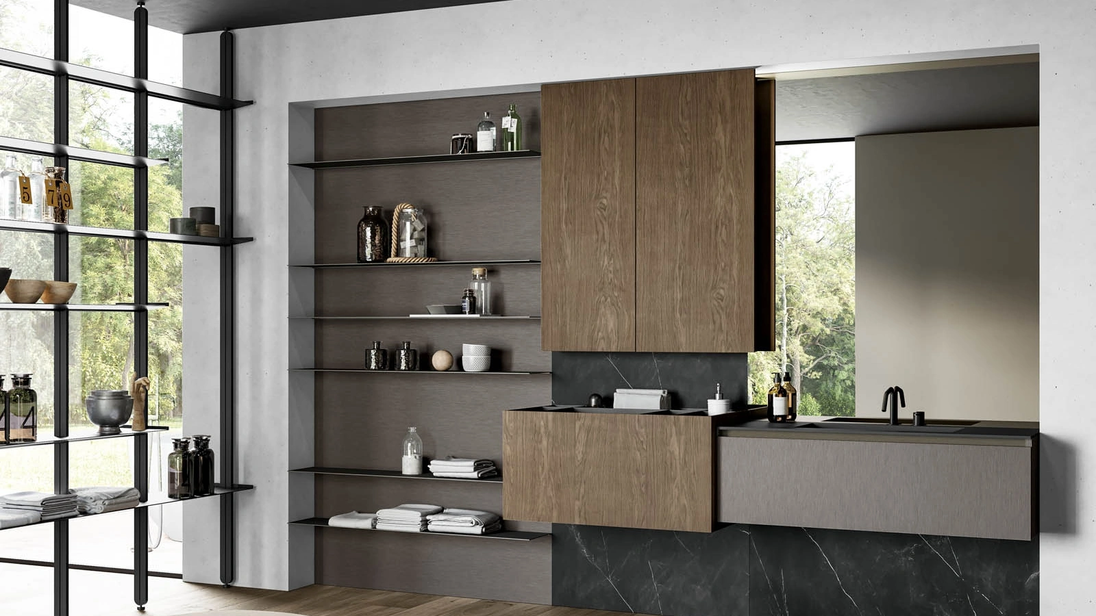 Mobile da Bagno sospeso in essenza rovere castoro e materico Facto 07 di Birex