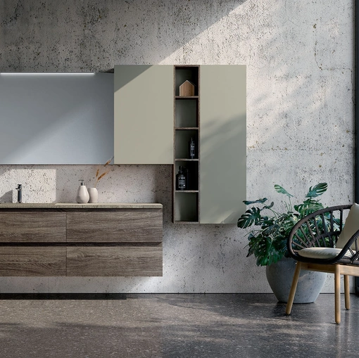 Mobile da Bagno sospeso composizione Happy 01 in melaminico rovere graffiato e laccato opaco di Licor Design