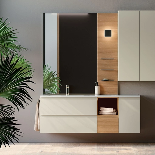 Mobile da Bagno sospeso composizione Happy 02 in laccato opaco e legno di Licor Design