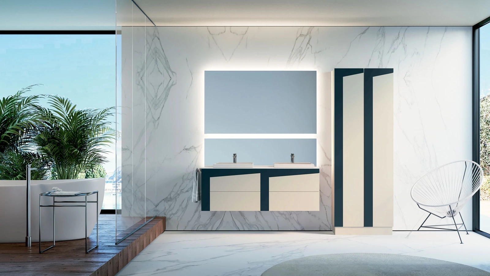 Mobile da Bagno sospeso con colonne a terra in laccato opaco composizione K101 di Licor Design