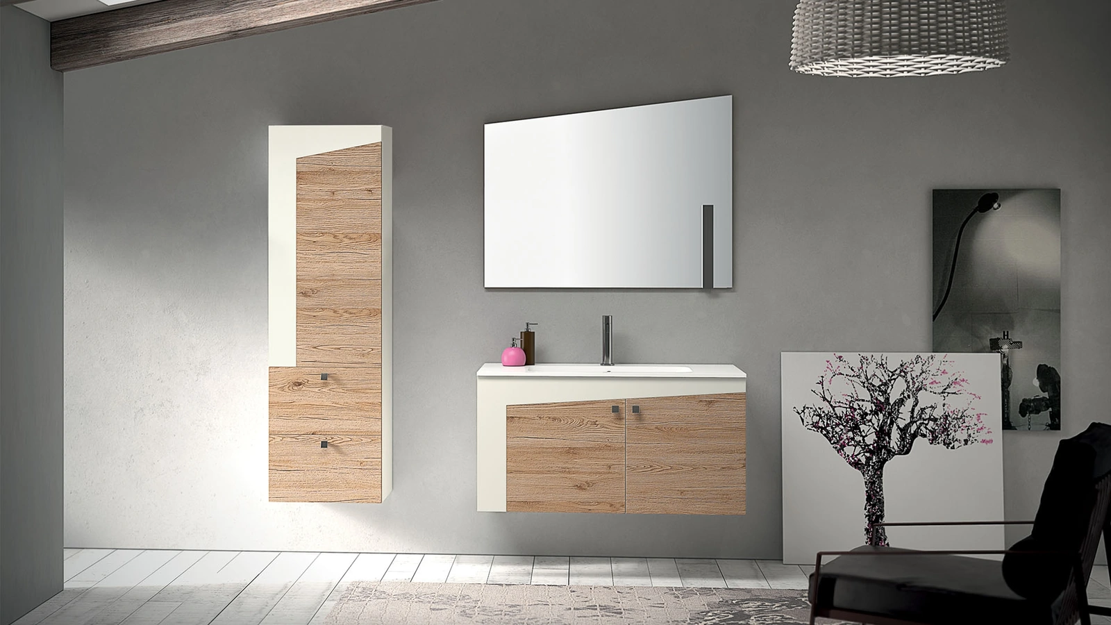 Mobile da Bagno sospeso in melaminico e laccato opaco composizione K105 di Licor Design