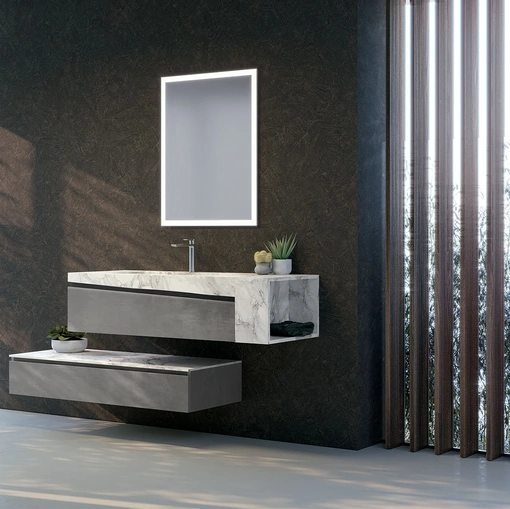 Mobile da Bagno sospeso in melaminico cemento scuro con top in HPL effetto marmo composizione K302 di Licor Design