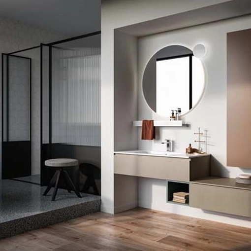 Mobile da bagno sospeso in laccato opaco terracotta e melaminico argilla Lapis 03 di Birex