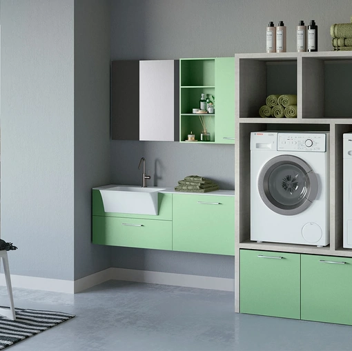 Mobile da Bagno per lavanderia in laccato verde bianco composizione Laundry 02 di Licor Design
