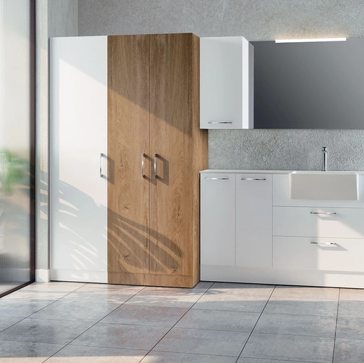 Mobile da Bagno per lavanderia composizione Laundry 05 in laccato bianco puro e melaminico quercia di Licor Design