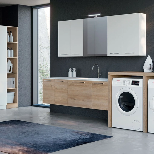 Mobile da Bagno per lavanderia in melaminico quercia e laccato bianco puro composizione Laundry 06 di Licor Design
