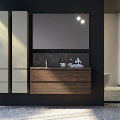 Mobile da Bagno sospeso composizione Happy 04 in melaminico con top in marmo e pensili in laccato di Licor Design