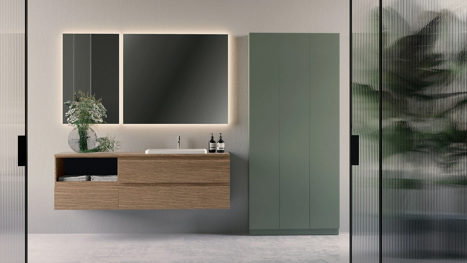 Mobile da Bagno sospeso in legno con colonne in laccato opaco Happy 05 di Licor Design