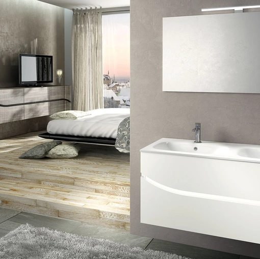 Mobile da Bagno sospeso in laccato bianco puro con top in ceramica composizione Onda 01 di Licor Design