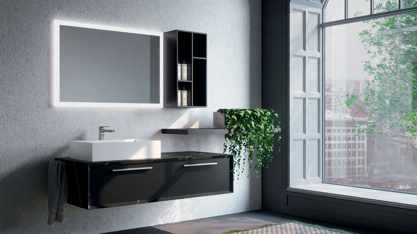 Mobile da Bagno sospeso in laccato nero grafite e HPL composizione Q45 01 di Licor Design