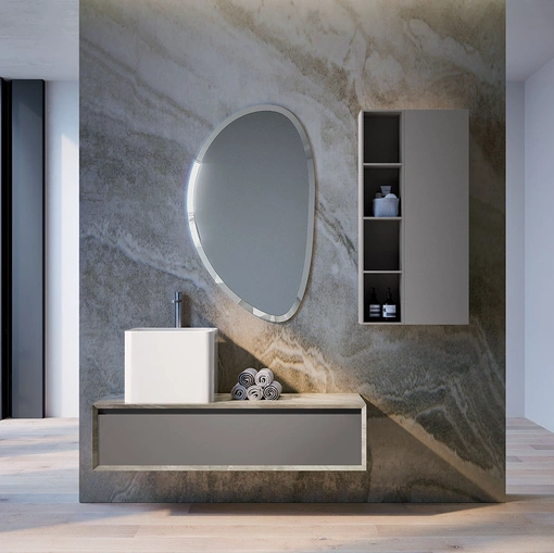 Mobile da Bagno sospeso in laccato opaco e HPL effetto marmo travertino composizione Q45 04 di Licor Design
