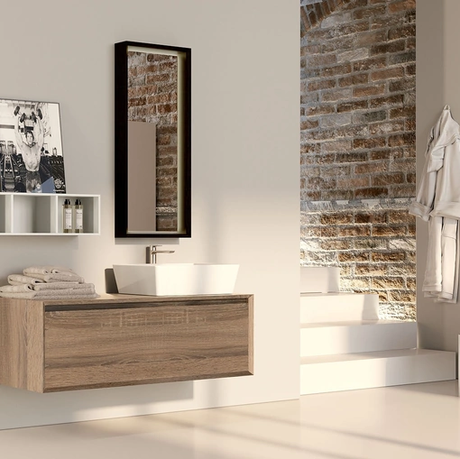 Mobile da Bagno sospeso in melaminico rovere e pensile a giorno in laccato bianco opaco composizione Q45 08 di Licor Design