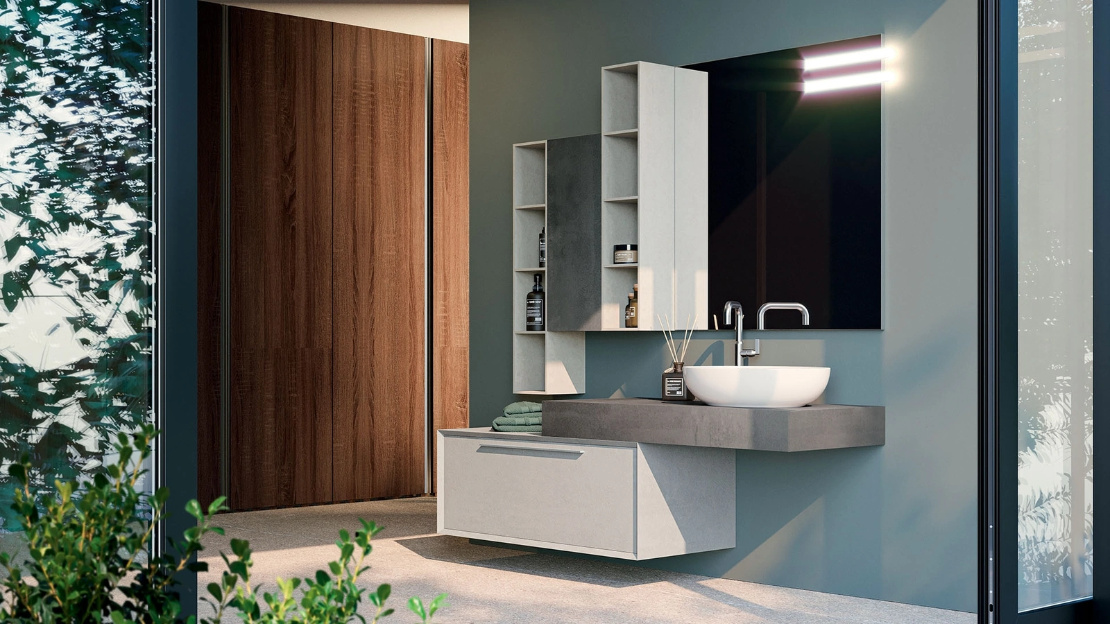 Mobile da Bagno sospeso in melaminico effetto cemento chiaro e scuro composizione Q45 11 di Licor Design