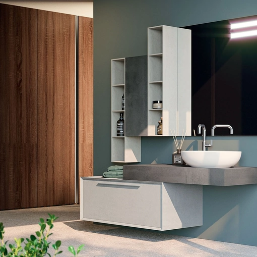 Mobile da Bagno sospeso in melaminico effetto cemento chiaro e scuro composizione Q45 11 di Licor Design