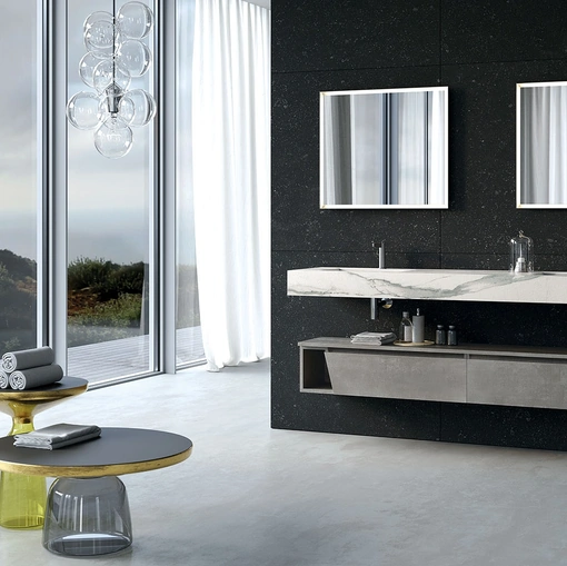 Mobile da Bagno sospeso in melaminico cemento scuro con top in HPL effetto marmo composizione Seven 06 di Licor Design