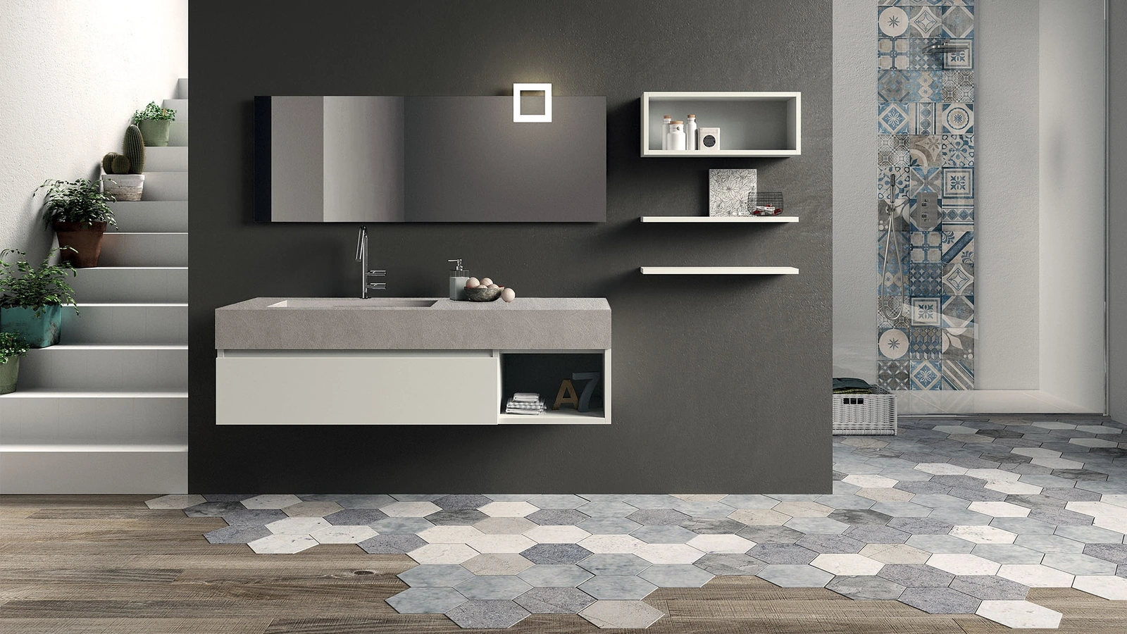 Mobile da Bagno sospeso in laccato opaco con top in ecomalta composizione Seven 07 di Licor Design