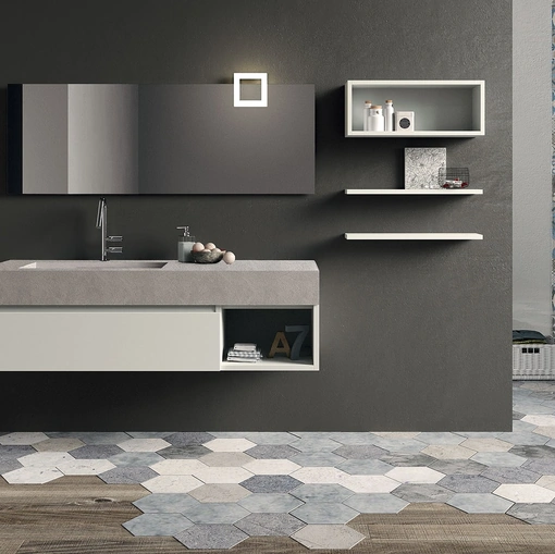Mobile da Bagno sospeso in laccato opaco con top in ecomalta composizione Seven 07 di Licor Design