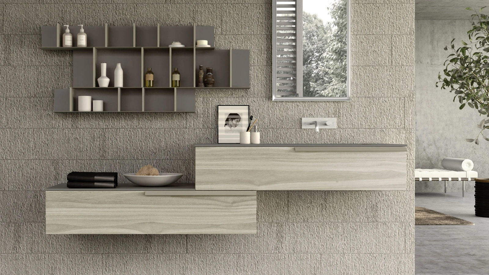 Mobile da Bagno sospeso M System 023 in melaminico effetto legno di Baxar
