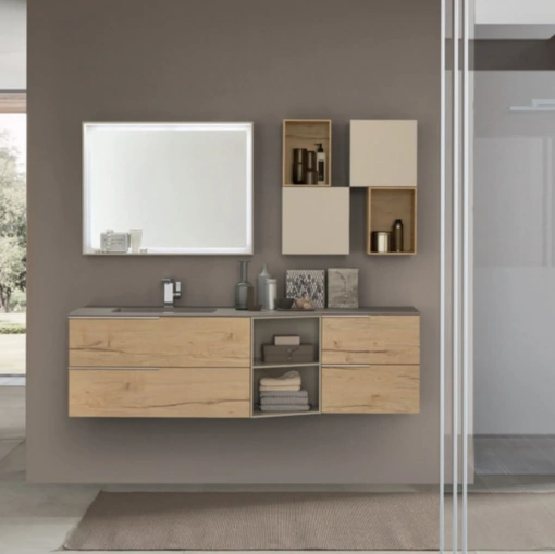 Mobile da Bagno sospeso M1 System C114 in melaminico effetto legno con pensili in laccato opaco di Baxar