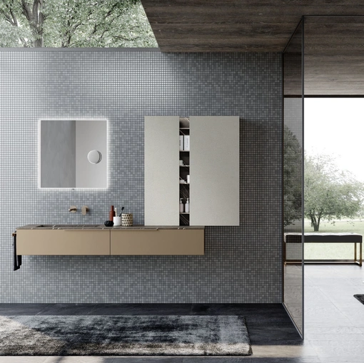 Mobile da Bagno sospeso M1 System 121 in laccato metallizzato e melaminico pelle per i pensili di Baxar