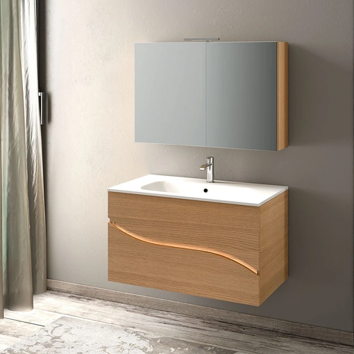Mobile da Bagno sospeso composizione Onda 06 in legno di rovere naturale di Licor Design
