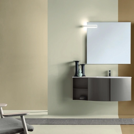 Mobile da Bagno sospeso in Rovere laccato Fango opaco con elemento terminale in metallo Round 05 Mint Ground di Ardeco