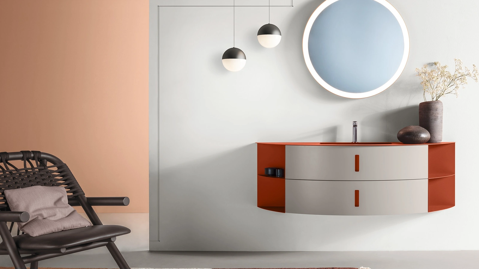 Mobile da Bagno in laccato Grigio Londra e Mattone opaco con elementi laterali e top in metallo Round 08 Vitamin Juice di Ardeco