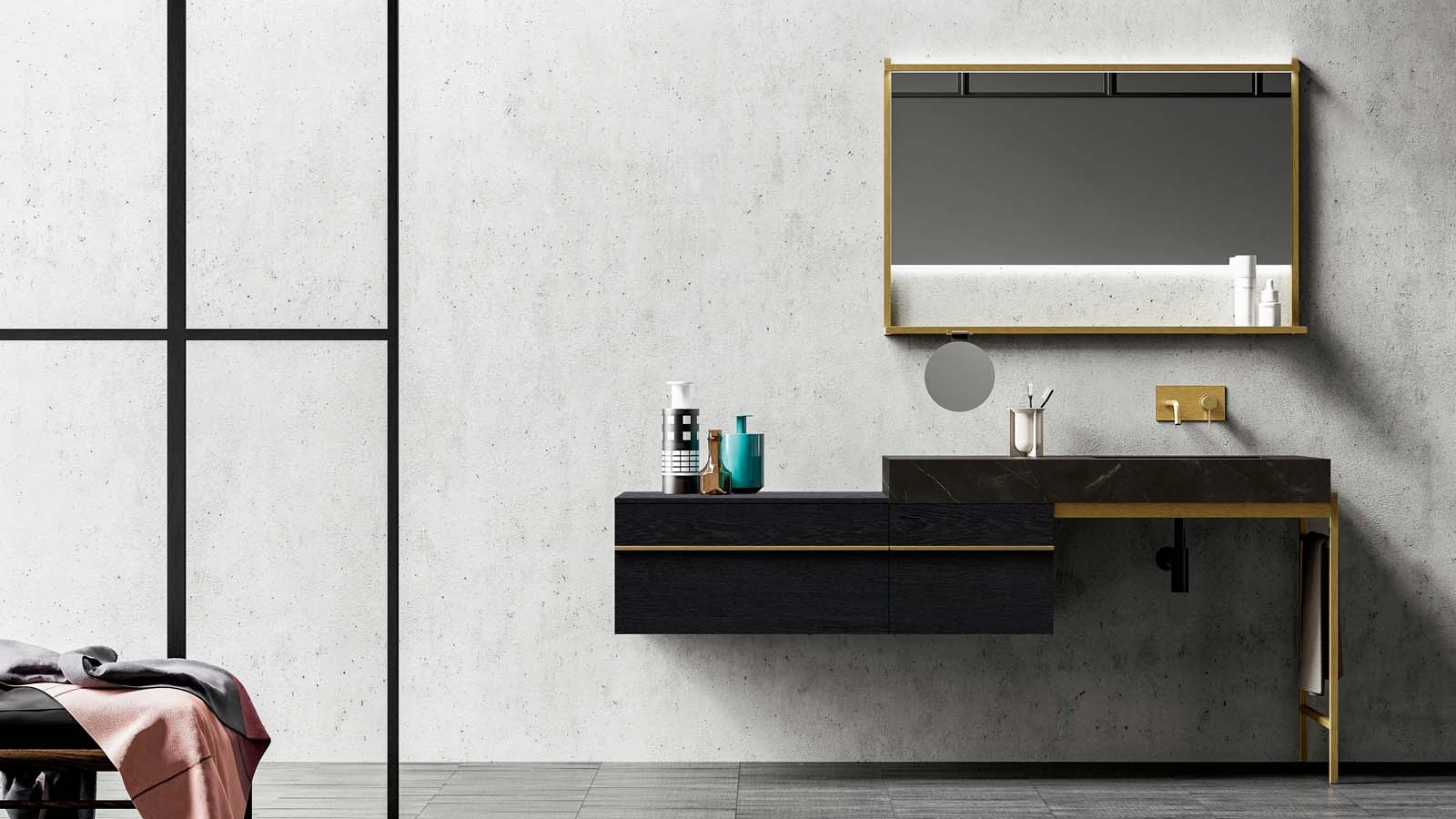 Mobile da Bagno Sidéro 03 in essenza rovere carbone e metallo ottone anticato di Birex
