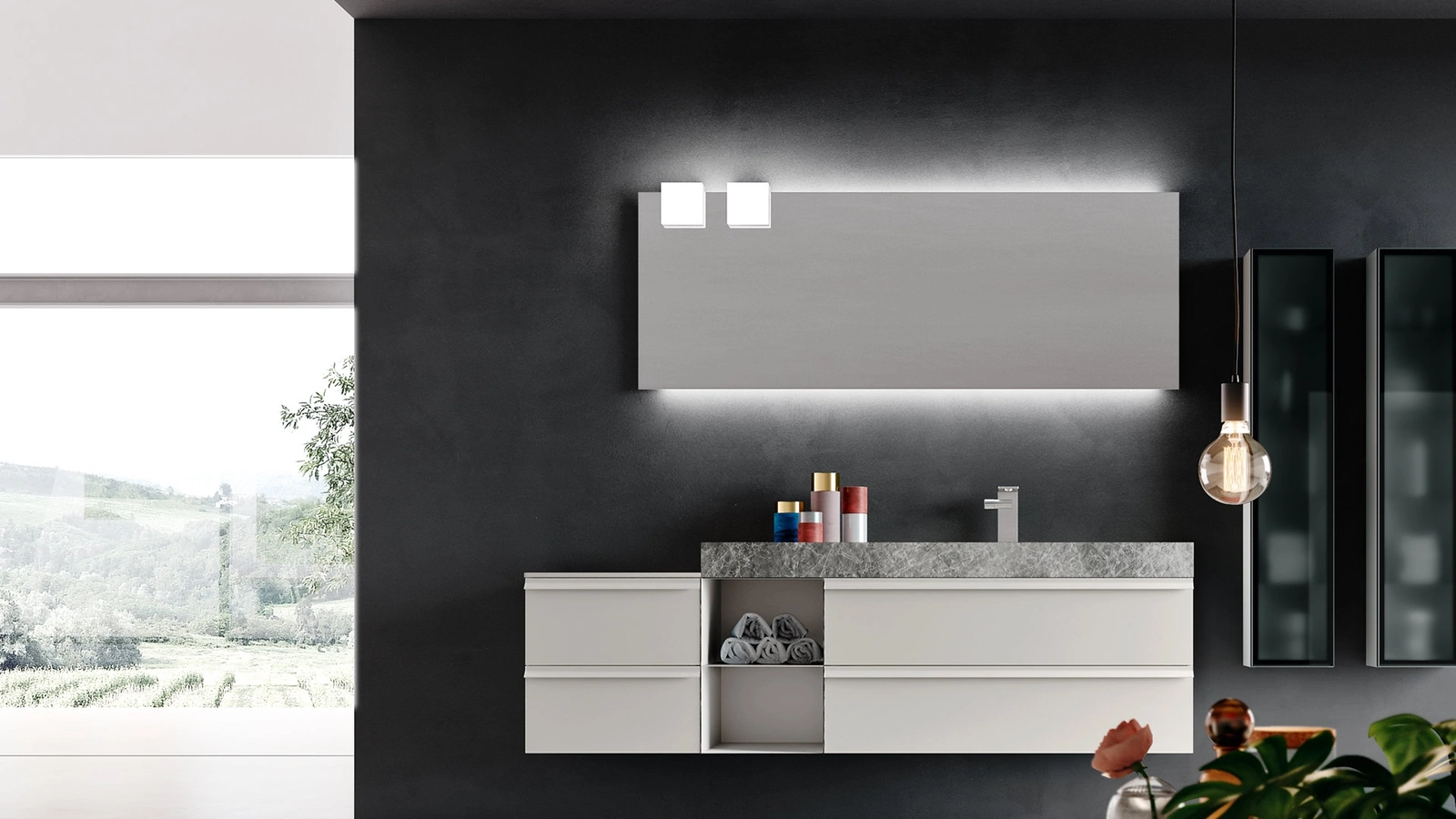 Mobile da Bagno sospeso in laccato Bianco opaco con top in HPL effetto Pietra Start Line 08 di Ardeco