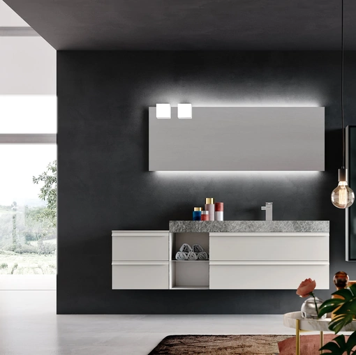 Mobile da Bagno sospeso in laccato Bianco opaco con top in HPL effetto Pietra Start Line 08 di Ardeco