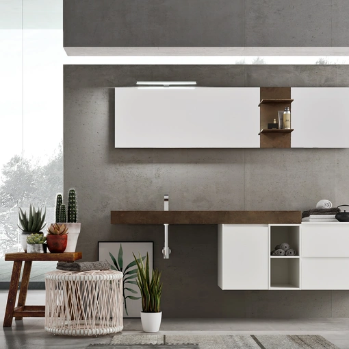 Mobile da Bagno in laccato Bianco opaco e finitura effetto ruggine per top e mensole in HPL Start Play 02 di Ardeco