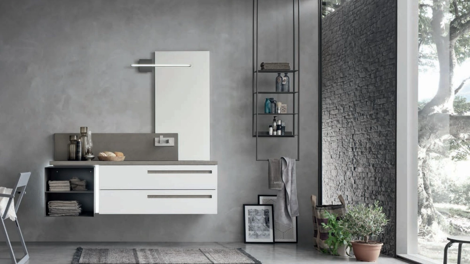 Mobile da Bagno in laccato Bianco opaco con top in ecomalta e vano a giorno in metallo Start Gate 01 di Ardeco