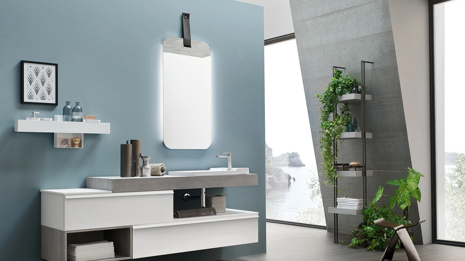 Mobile da Bagno sospeso Start Line 03 in melaminico Olmo Gesso e Trama Grigio di Ardeco